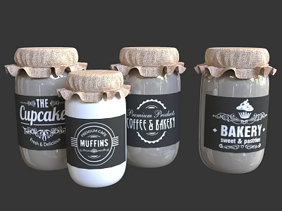 Glass Jars With Labels For Bakery Items Like Cupcake Muffins 3d model