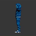 Futuristic Skeleton Masked Character In Blue Hoodie With Glowing Lines And Outstretched Arms