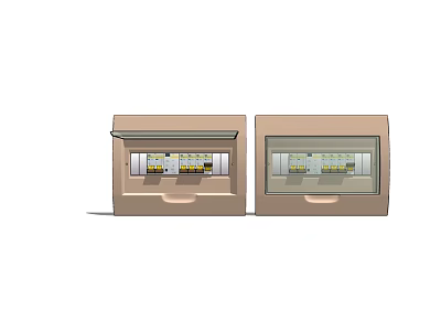 Two Beige Switch Panels with Handles and Openable Covers Featuring Multiple Switches Inside 3d model