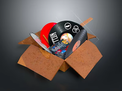 Household Supplies In Open Cardboard Box With Vinyl Records And Red Items 3d model