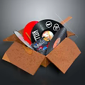 Household Supplies In Open Cardboard Box With Vinyl Records And Red Items