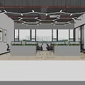 Modern Public Office Space With Open Workstations Green Plants Large Windows And Geometric Ceiling Lights