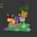 Cartoon Boy With Red Hair And White Horned Creature On Green Grass With Small Plants