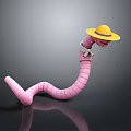Pink Cartoon Worm With Yellow Hat And White Scarf On Gray Background With Reflection