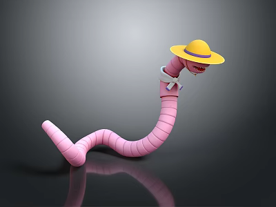 Pink Cartoon Worm With Yellow Hat And White Scarf On Gray Background With Reflection 3d model