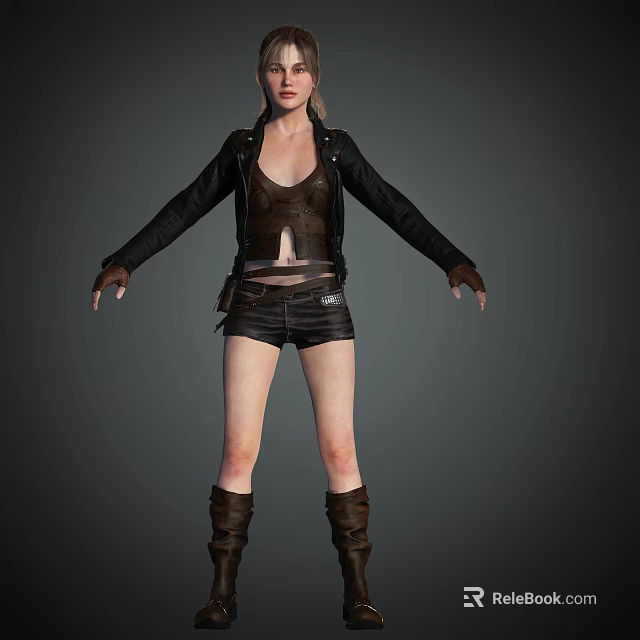 Woman Wearing Black Leather Jacket Brown Vest Black Shorts And Brown Boots With Arms Outstretched 3d model 