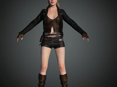 Woman Wearing Black Leather Jacket Brown Vest Black Shorts And Brown Boots With Arms Outstretched 3d model
