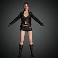 Woman Wearing Black Leather Jacket Brown Vest Black Shorts And Brown Boots With Arms Outstretched