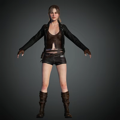 Woman Wearing Black Leather Jacket Brown Vest Black Shorts And Brown Boots With Arms Outstretched 3d model