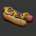 Golden Bun Hot Dog Topped with Yellow Mustard Green Pickles Purple Relish