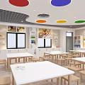 School Cafeteria Interior With Colorful Circular Ceiling Wooden Tables And Chairs