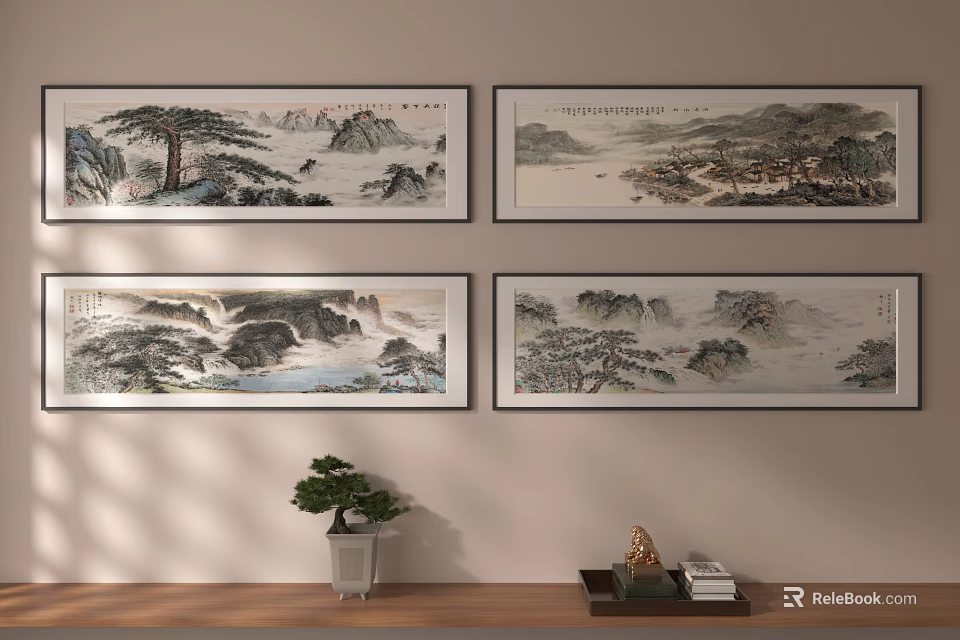 Chinese Landscape Paintings Hanging On Wall With Small Potted Plant And Decorative Items 3d model 