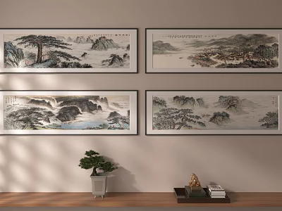 Chinese Landscape Paintings Hanging On Wall With Small Potted Plant And Decorative Items 3d model