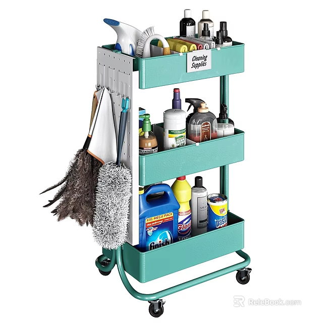 Green Multi Tiered Wheeled Entryway Side Cabinet Storing Cleaning Supplies Mops Brooms Detergents 3d model 