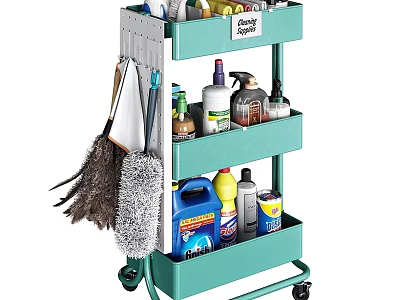 Green Multi Tiered Wheeled Entryway Side Cabinet Storing Cleaning Supplies Mops Brooms Detergents 3d model
