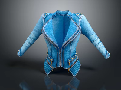 Stylish Blue Denim Biker Jacket With Front Zipper And Studs Decoration On Sleeves 3d model