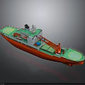 3D Model of Red and Green Work Vessel with Crane and Deck Structure