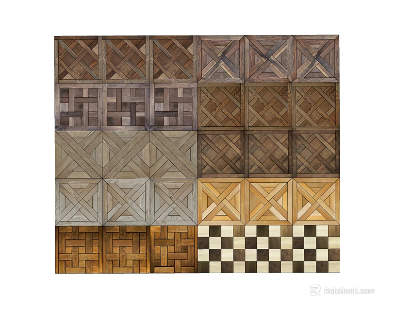 Wooden Flooring Featuring Herringbone Checkerboard And Geometric Patterns With Different Colors 3d model
