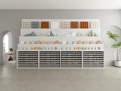 Modern Mall Shop Interior With Shelves Displaying Various Decorative Tiles And Plant Decoration 3d model