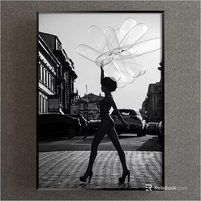 Black and White Figure Painting Featuring Female Holding Large Petal Shaped Sculpture in Urban Street Setting 3d model 
