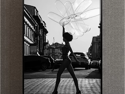 Black and White Figure Painting Featuring Female Holding Large Petal Shaped Sculpture in Urban Street Setting 3d model