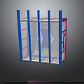 Transparent Storage Rack With Blue Red Vertical Bars And Cross Pattern For Home Organizing
