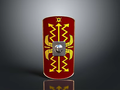 Ancient Roman Shield Weapon With Red Surface And Yellow Decorative Patterns And Silver Central Boss 3d model