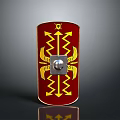 Ancient Roman Shield Weapon With Red Surface And Yellow Decorative Patterns And Silver Central Boss