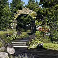 Serene Park Landscape With Stone Arch Lush Trees And Green Vegetation