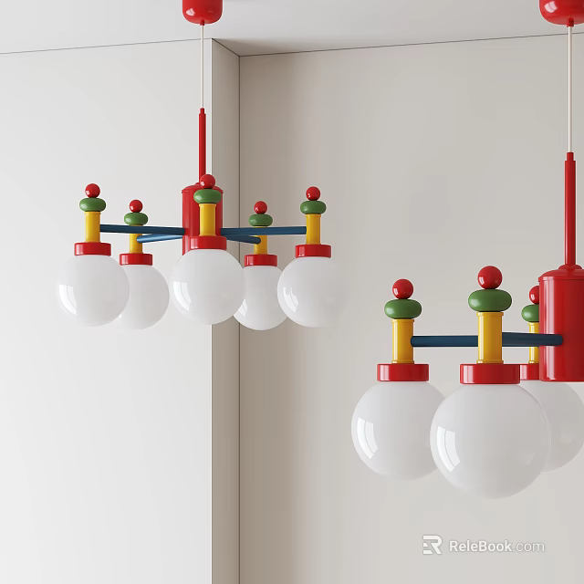 Colorful Modern Chandelier With Red Yellow Green Accents And White Glass Bulbs 3d model 