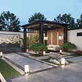 Modern Chinese Garden Landscape With Wooden Pavilion Landscape Screen Stone Paved Path Plants And Lighting