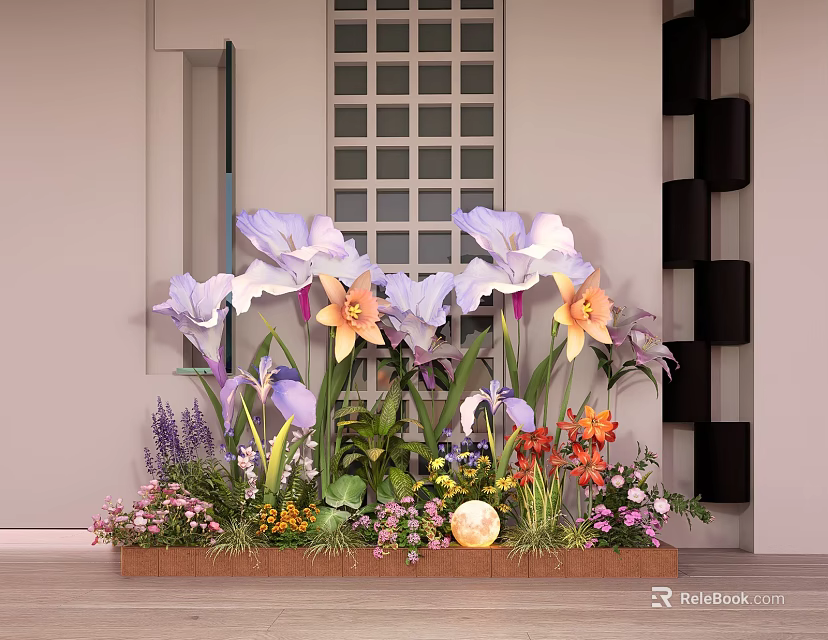 Indoor Plant Arrangement With Purple Orange Flowers Lavender And Wooden Planter 3d model 