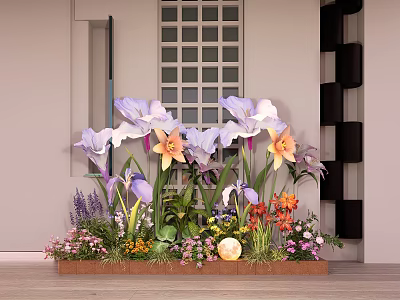 Indoor Plant Arrangement With Purple Orange Flowers Lavender And Wooden Planter 3d model