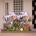 Indoor Plant Arrangement With Purple Orange Flowers Lavender And Wooden Planter
