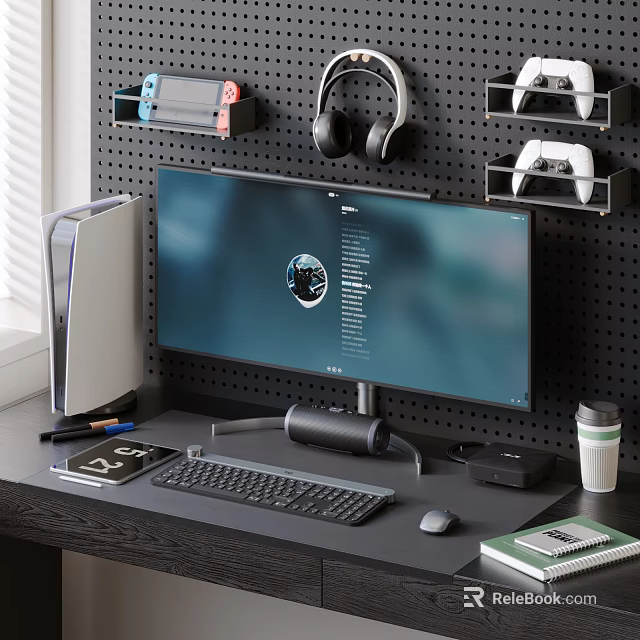 Modern Computer Setup With Monitor Tower Keyboard Mouse Headphones Game Controllers On Desk Pegboard 3d model 