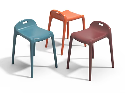Modern Simple Plastic Stools in Blue Orange Maroon with Backrest and Straight Legs 3d model