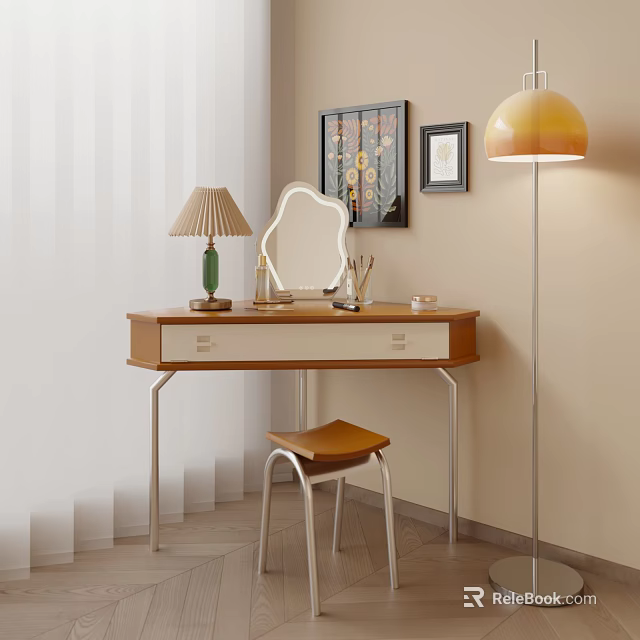 Modern Dressing Table With Mirror Table Lamp Stool Decorative Paintings And Floor Lamp 3d model 