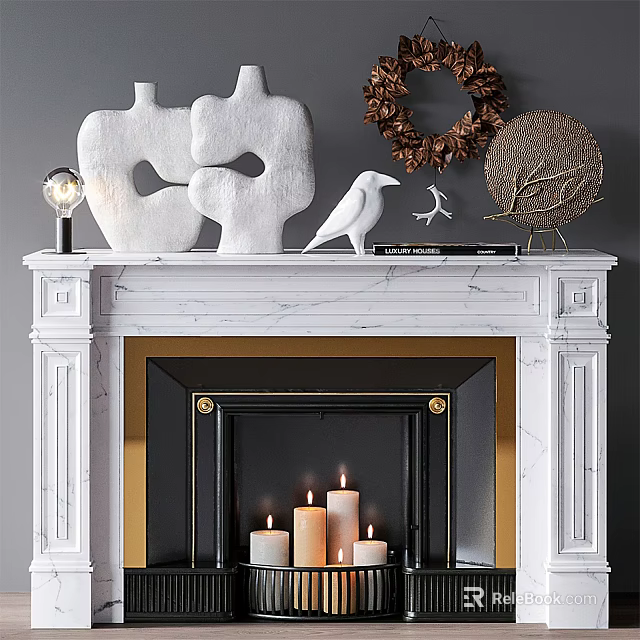 White Marble Fireplace With Gold Accents Candles And Mantel Decor Sculptures Bird Figurines Wreath 3d model 