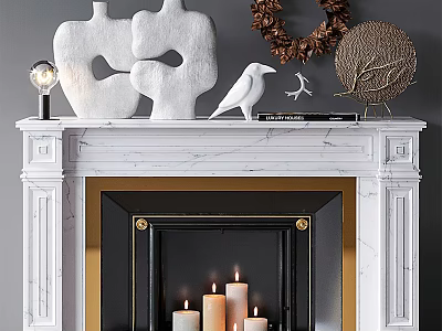 White Marble Fireplace With Gold Accents Candles And Mantel Decor Sculptures Bird Figurines Wreath 3d model