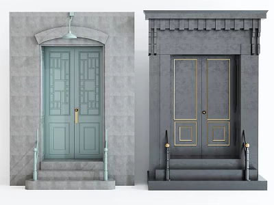 Light Green And Dark Gray Double Doors With Carved Design Gold Accents Stone Wall Steps 3d model