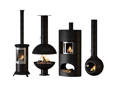 Different Black Fireplaces with Stylish Designs and Burning Flames for Modern Interior Spaces 3d model
