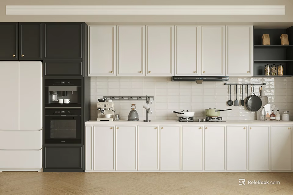 Modern Kitchen Interior With White Cabinets Black Appliance Cabinet White Refrigerator And Hanging Pans 3d model 