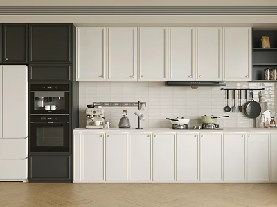 Modern Kitchen Interior With White Cabinets Black Appliance Cabinet White Refrigerator And Hanging Pans 3d model