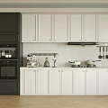 Modern Kitchen Interior With White Cabinets Black Appliance Cabinet White Refrigerator And Hanging Pans