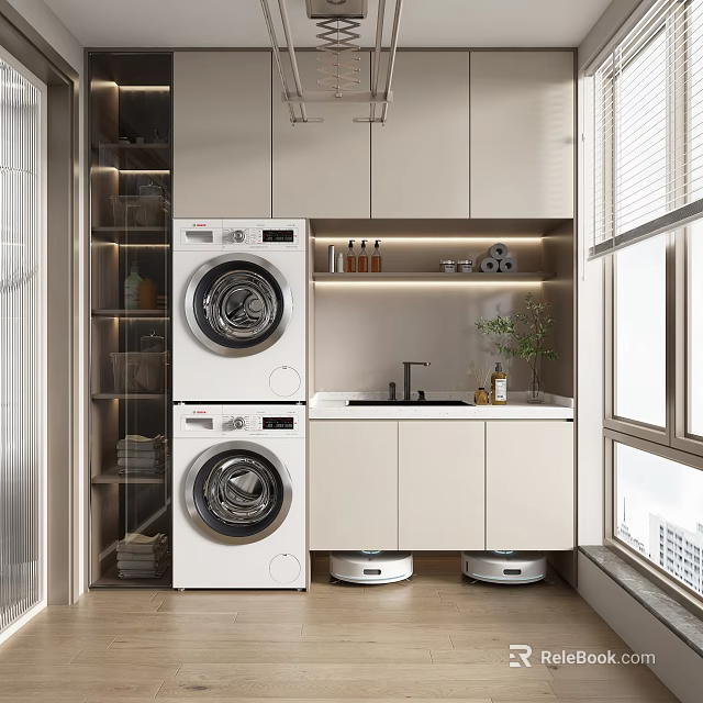 Functional Home Balcony With Stacked Washing Machine Dryer Sink Countertop And Storage Cabinets 3d model 