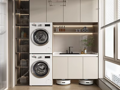 Functional Home Balcony With Stacked Washing Machine Dryer Sink Countertop And Storage Cabinets 3d model