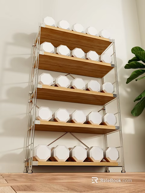 Modern Multi Tiered Shelving Unit With Wooden Shelves And Metal Frame Holding White Hexagonal Boxes 3d model 