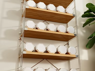 Modern Multi Tiered Shelving Unit With Wooden Shelves And Metal Frame Holding White Hexagonal Boxes 3d model