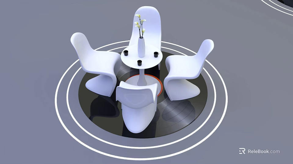 Modern Interior Design With White Chairs Round Table Vase And Concentric Circular Floor 3d model