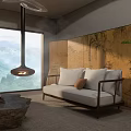 Modern Chinese Living Room Interior With Beige Sofa Stone Coffee Table And Bonsai Plant